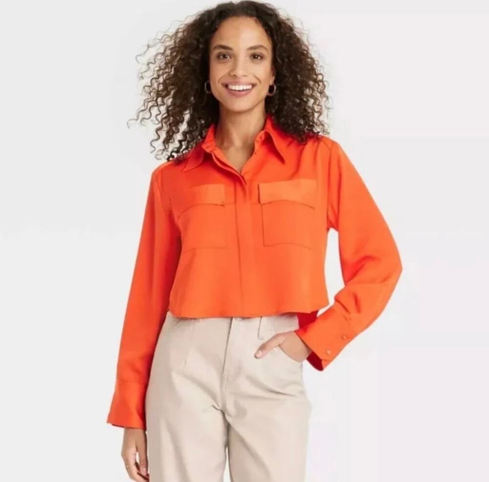 A New Day Cropped Dressy Long Sleeve Blouse In Color Tangerine Size Small